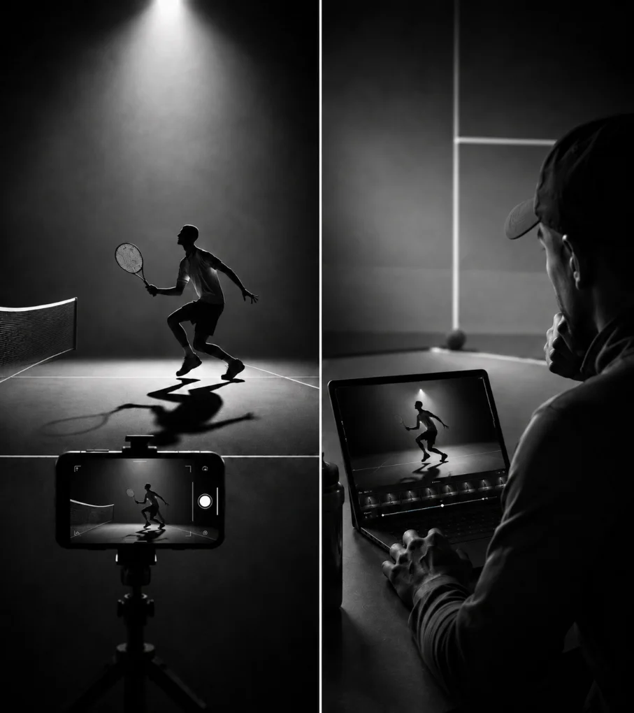 A player films a rally on a smartphone; a coach reviews the footage on a laptop.